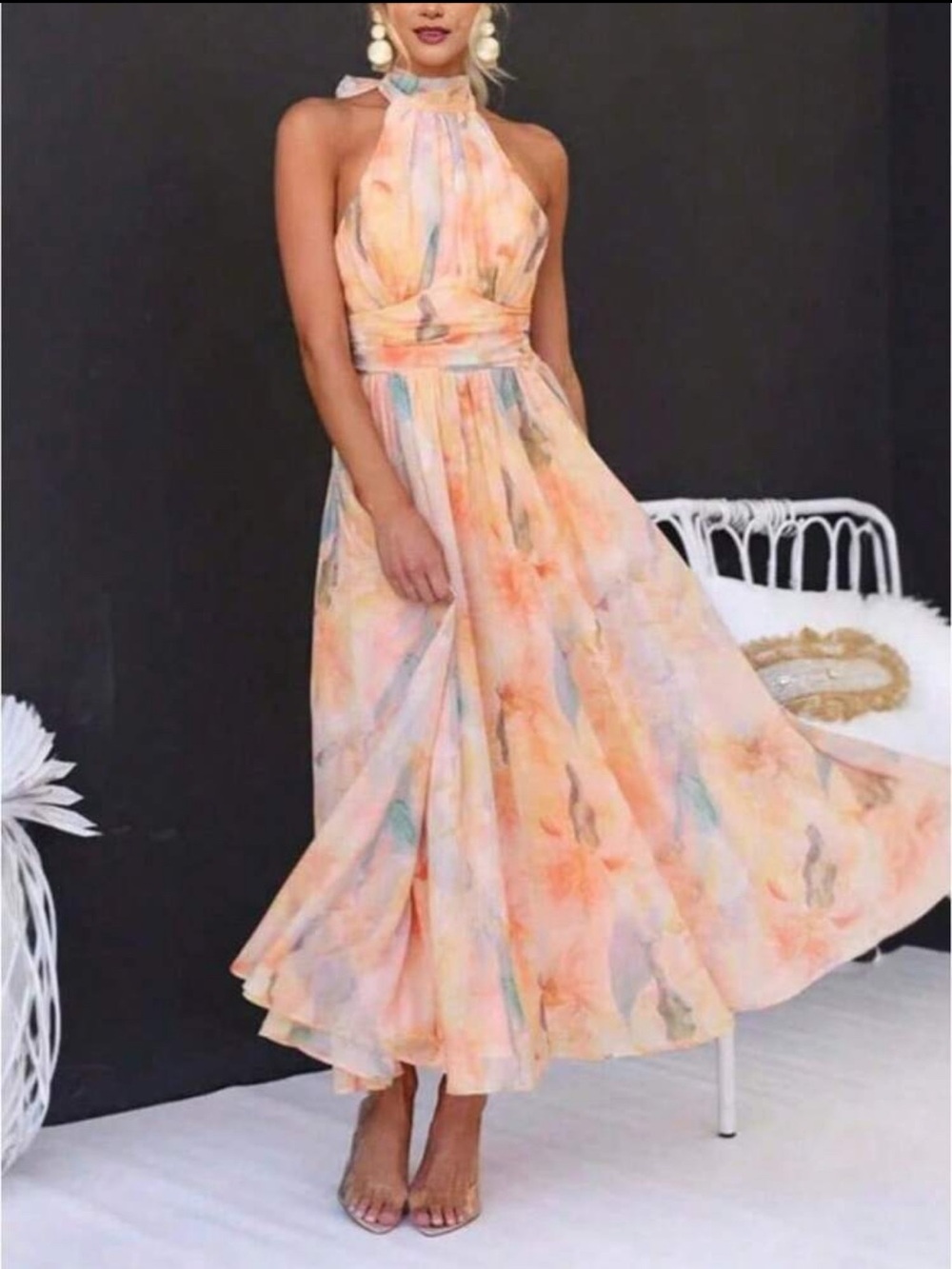 Halter-Neck Pastel Watercolor Maxi Dress - Peach